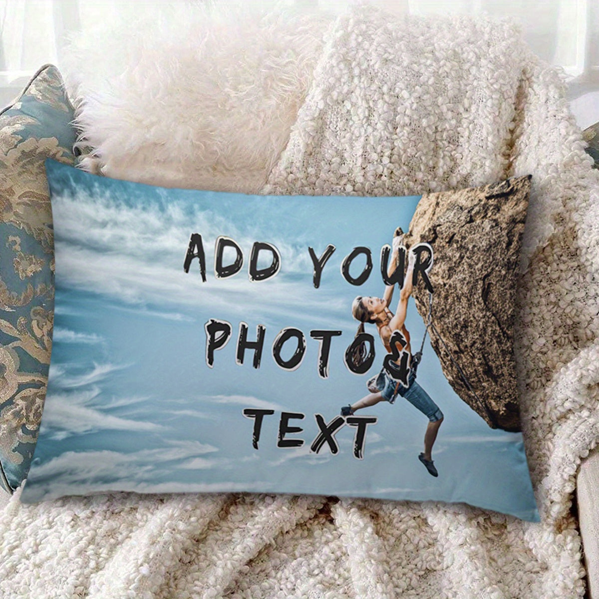 Personalized Photo Pillowcase measuring 30.48x50.8 cm, with Double-Sided Printing, made from Short Plush material featuring a Rock Climbing Enthusiast Design. This pillowcase is made from Polyester in Mixed Colors, making it an ideal gift for Valentine's