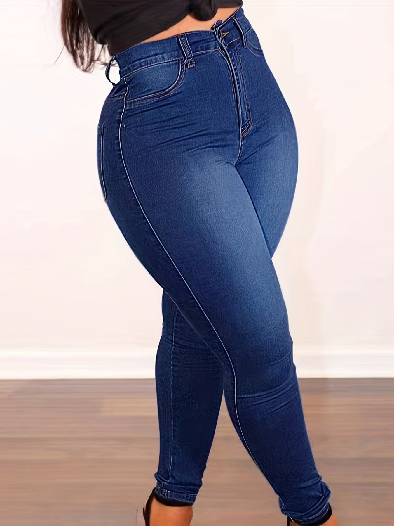 Cute Plus Size Denim Jeans, High-Waist, Solid Blue, Comfortable Fit, Casual Wear, Button Closure, Slant Pockets|Sleek & Smooth Texture.