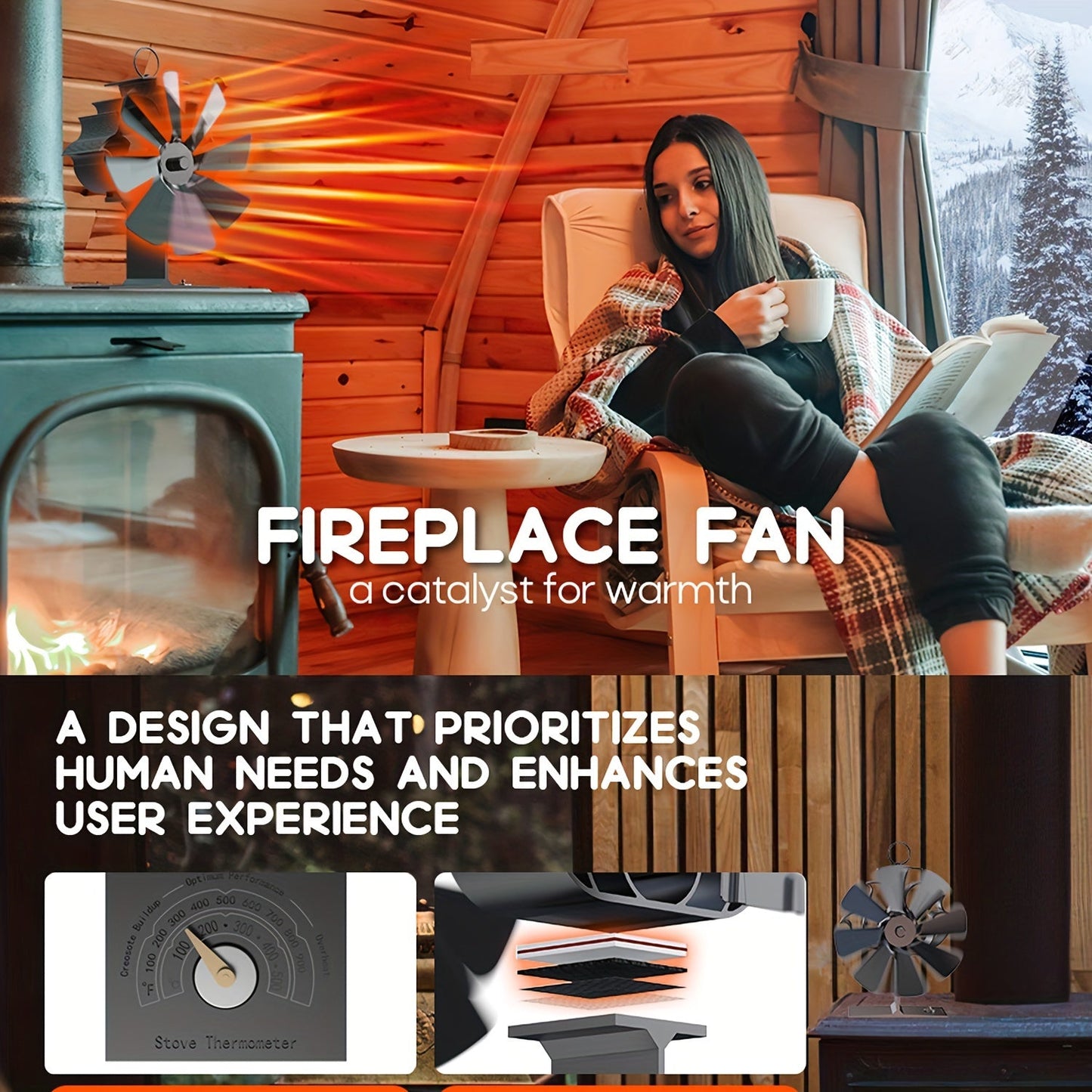 One piece 8-blade fireplace fan featuring a built-in thermometer, designed for wood-burning stove fireplaces with top temperature control. This fan is capable of circulating warm/hot air but is not suitable for soapstone stoves or pellet stoves. A handy