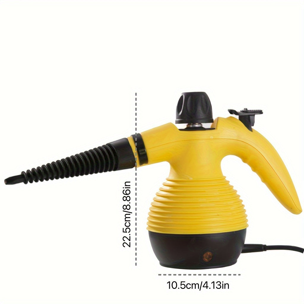 Versatile handheld steam cleaner with 9 accessory kit for easy stain removal on various surfaces. EU plug, 600W+ power.