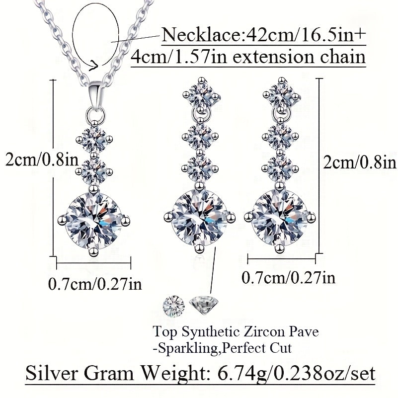 One set of elegant 925 sterling silver jewelry featuring classic 4-roundel drop earrings and pendant necklace with synthetic cubic zirconia. Perfect for daily wear or as a gift for Valentine's Day for women. Silver plated for added shine.