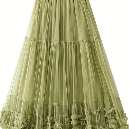 High-waist slimming mesh skirt with layered ruffles, machine washable - ideal for all seasons.