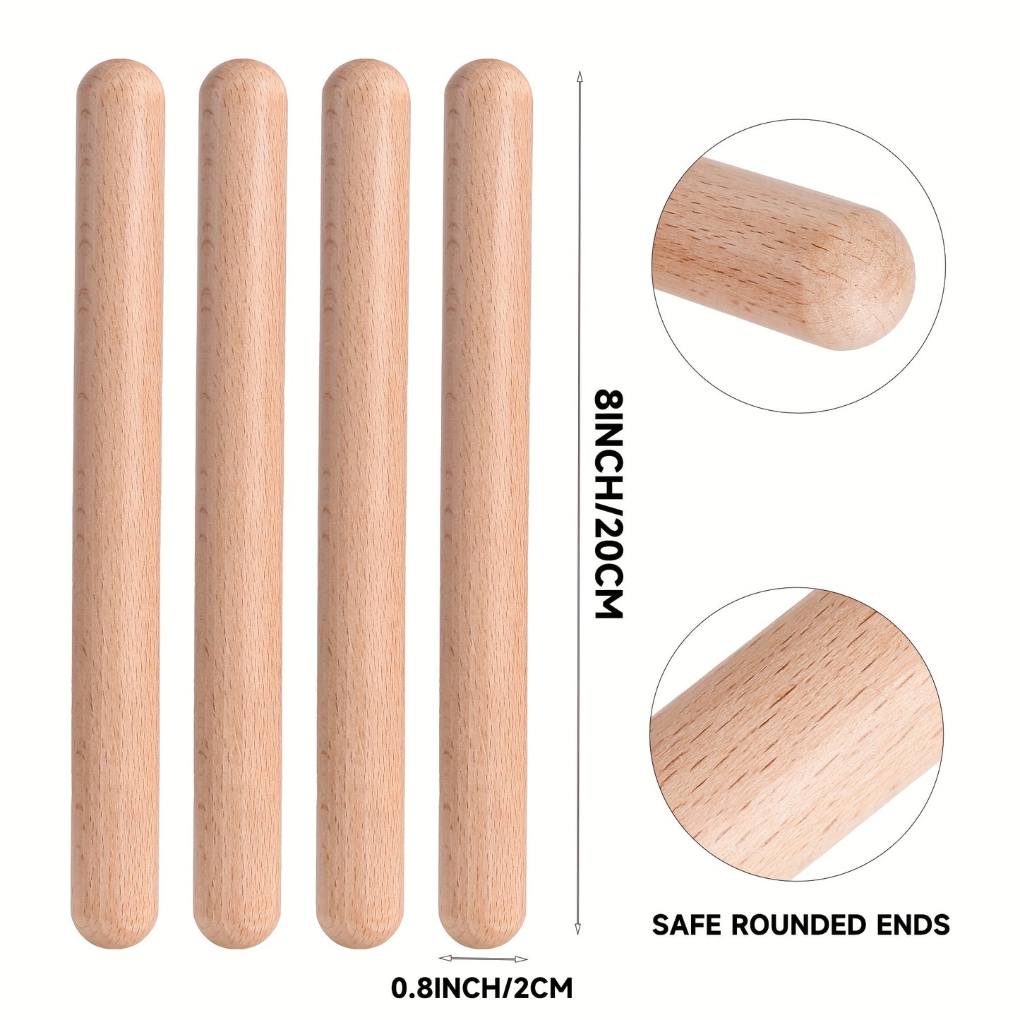 1/2/4/8 pairs of wooden claves percussion instruments, 20.32 cm in length, made from natural hardwood for hand drumming and ensemble play. No case included, suitable for ages 14+.