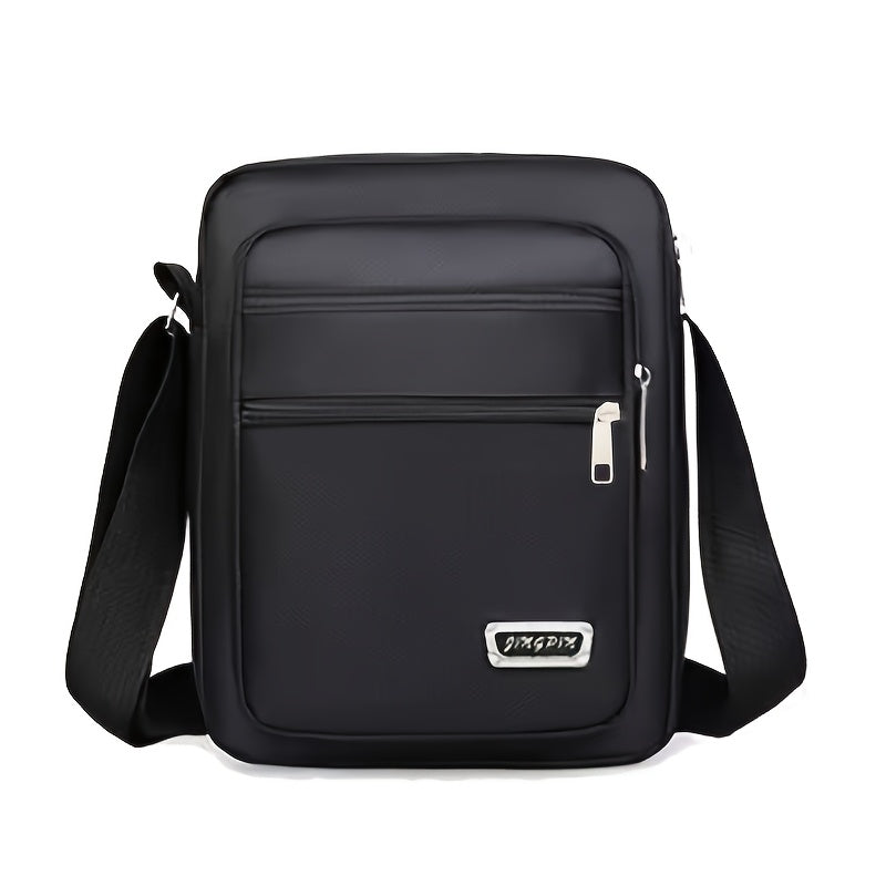 Men's casual business shoulder bag with adjustable strap, multi-layer crossbody design, and zipper closure. Made of polyester with no print design, perfect for going out.