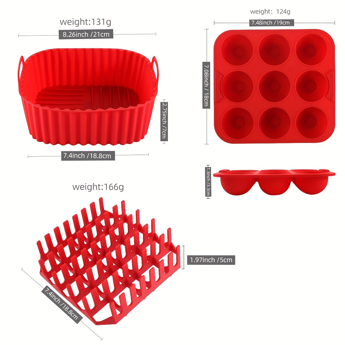 Premium Square Air Fryer Silicone Set includes a bacon & hot dog rack, 9-cavity cake mold, and air fryer pan. This BPA-free and dishwasher safe set is compatible with 7QT+ air fryers.