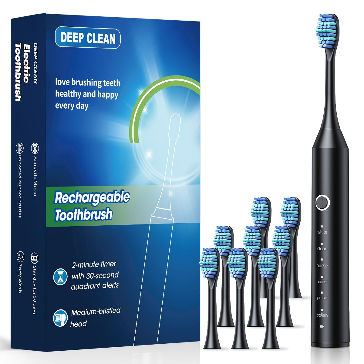 Rechargeable electric toothbrush for adults with 6 modes, USB charging, and soft bristles for deep cleaning dental care.