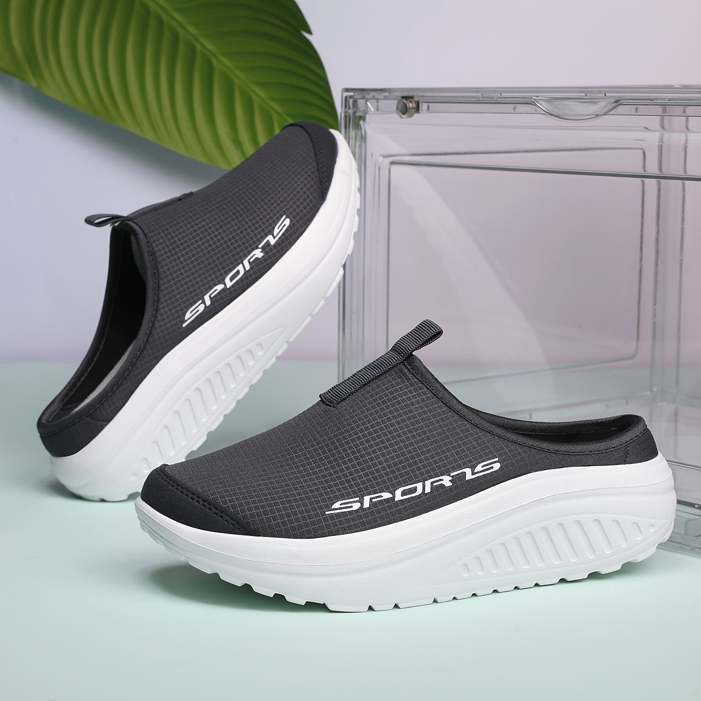 Breathable knit slip-on sneakers with a comfortable EVA rocker sole, beige with sporty logo, suitable for all seasons. Casual low-top design. Durable footwear and shoe accessories.