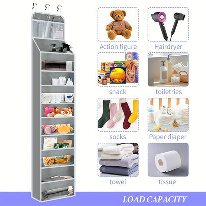 Door hanger with clear windows offers large capacity and versatility for organizing toys, clothes, and miscellaneous items. Its foldable design ensures easy storage, while the edges are oil-free and without any print for a clean look. Ideal for women's