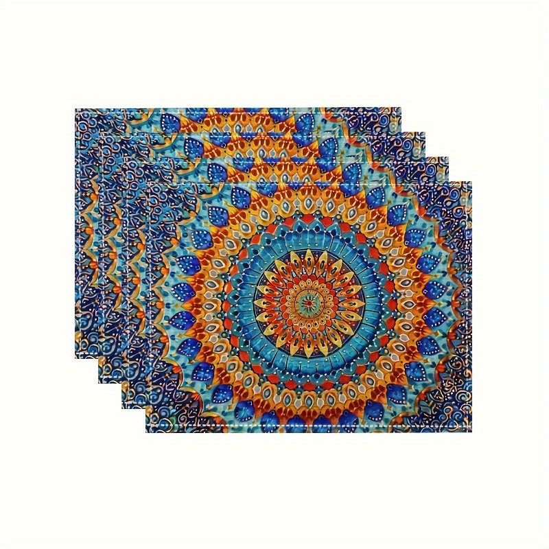 4 Mandala-style placemats with a Persian Bohemian design, heat resistant and washable, suitable for home and restaurant use.