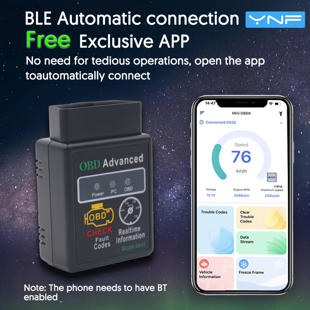 Wireless YNF OBD2 Scanner for Android App, Engine Fault Codes & Performance Monitoring with Plug-in Power.