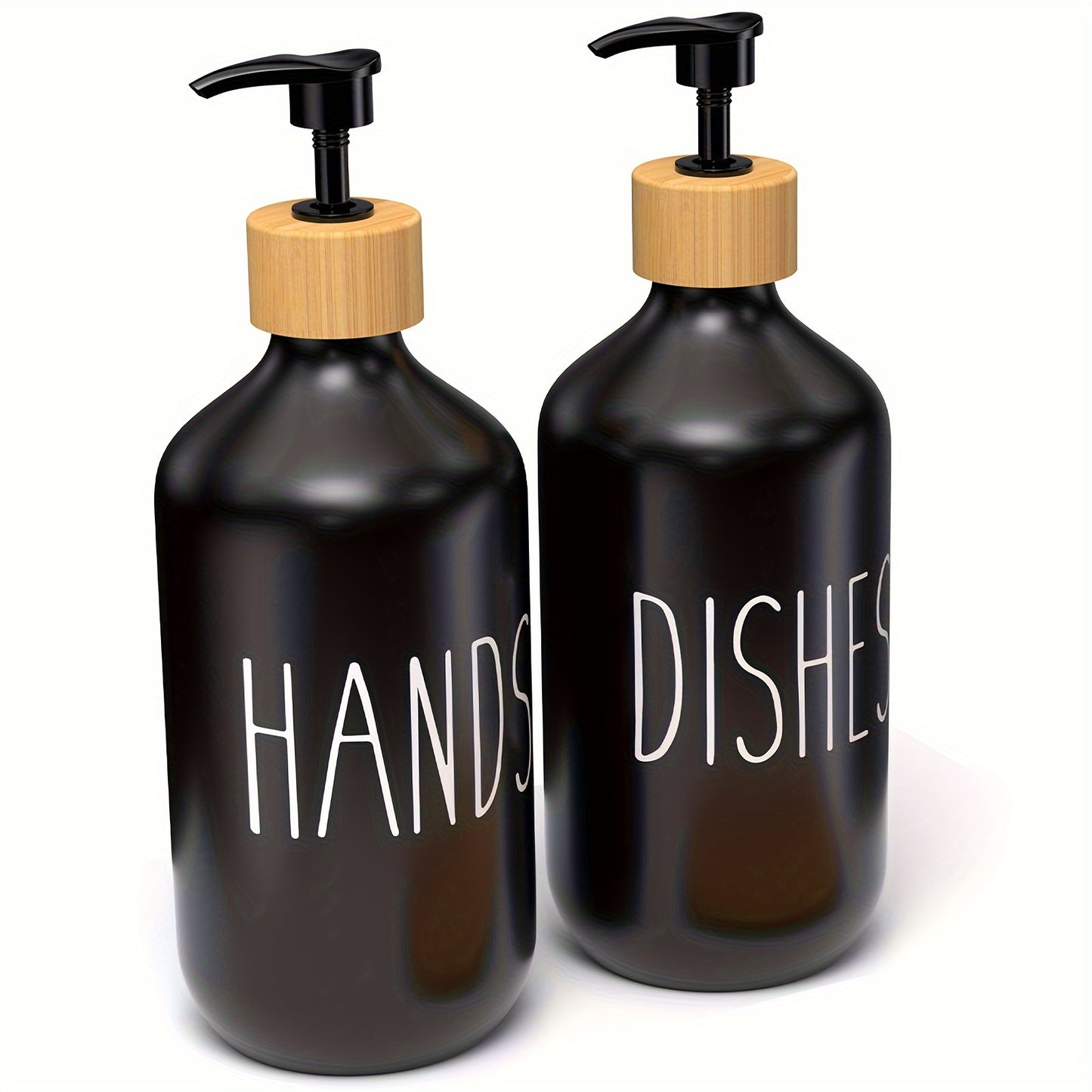 Set of 2 soap dispensers for hand and dish soap, with a countertop lotion bottle for bathroom use.