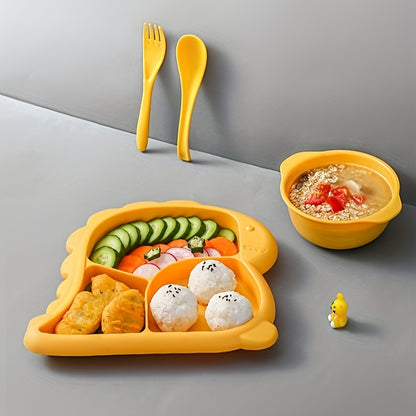 Children's dinnerware set shaped like dinosaurs - made of BPA-free plastic includes plate, bowl, fork, and spoon.