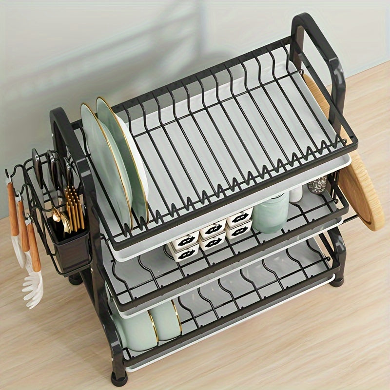 3-Tier Black Dish Drying Rack with Drainboards, Utensil & Cutting Board Holders - Space-Saving Kitchen Counter Organizer.