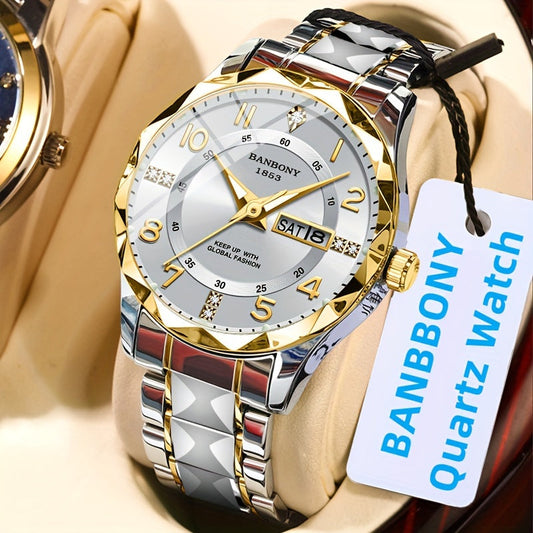 Ideal choice for a birthday or holiday gift, this trendy fashion watch features a new stainless steel design with a men's quartz movement. The Roman numeral disc is set with rhinestones and includes a date calendar for added convenience. With a simple