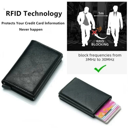 Sleek men's wallet with RFID-blocking technology, made of ultra-thin aluminum alloy with multiple card slots and stylish metal design.