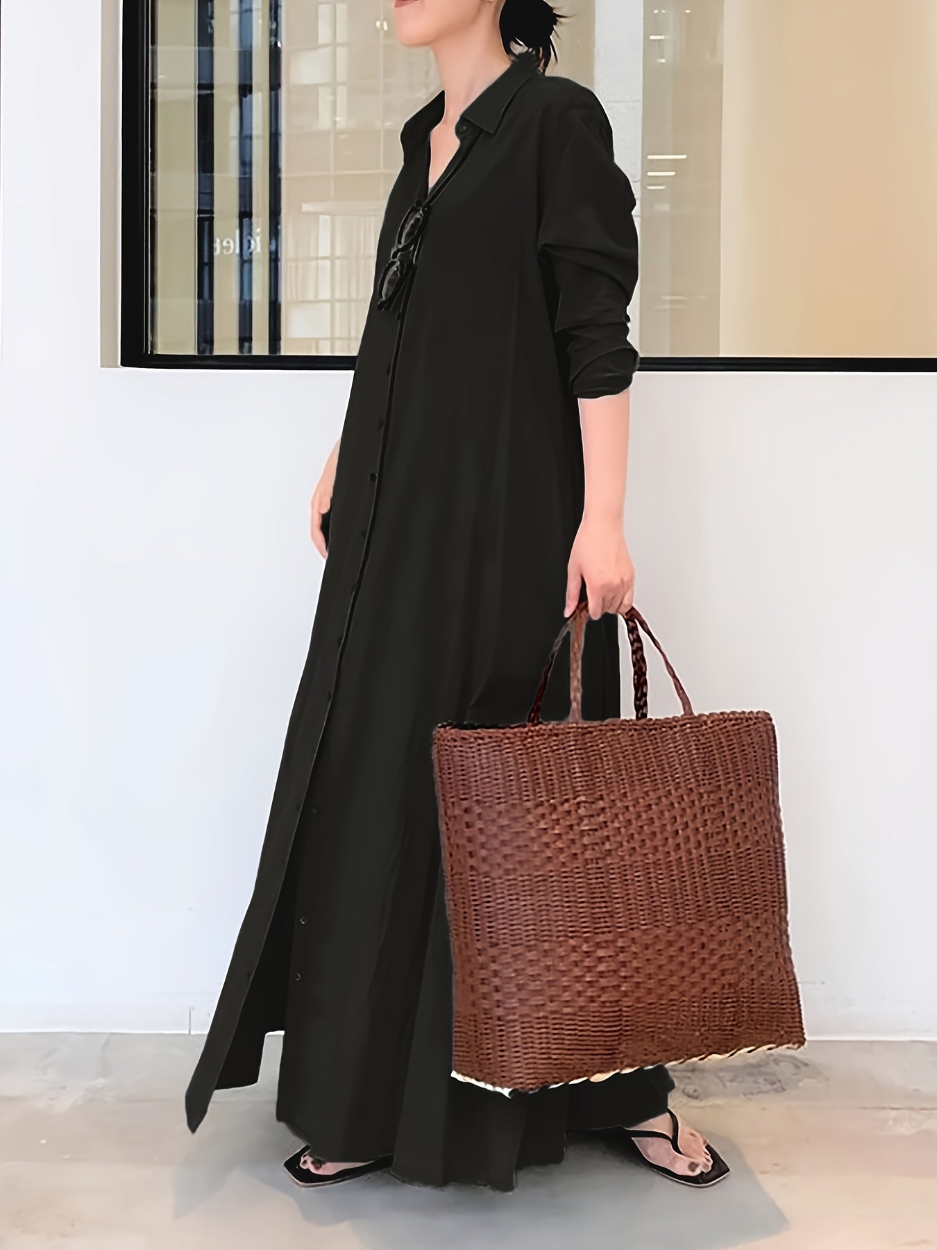 Elegant olive green maxi shirt dress in minimalist design, made from chic non-stretch polyester. Features a collar and is machine washable. Versatile for all-season wear by women.