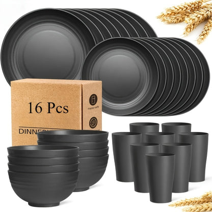 16-piece unbreakable wheat straw plastic dinnerware set with microwave and dishwasher safe reusable tableware. Includes 8 plates, 4 bowls, and 4 cups.