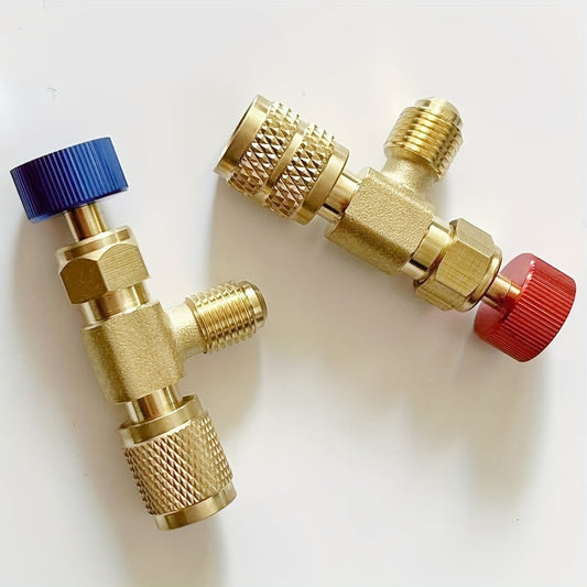 Refrigeration charging adapter for R410A and R22 air conditioning systems, compatible with 1/4" liquid safety valve hose and R22 copper adapter. Essential hand tool parts for maintenance, including refrigerant vacuum switch and R22 detection tool.