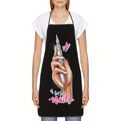 Durable 100% polyester apron for nail art design, cooking, gardening, and more, with adjustable neck band.