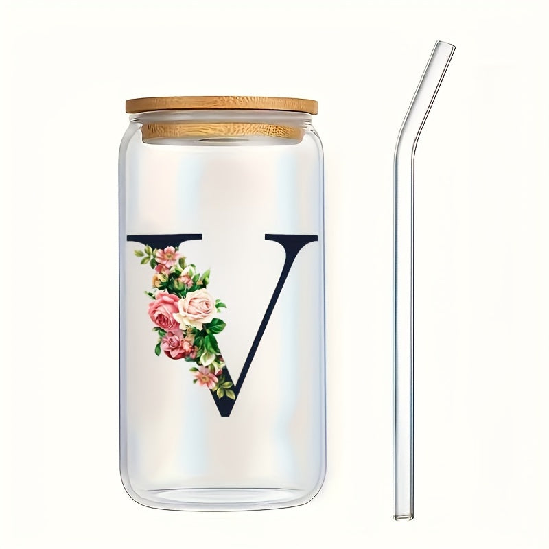 Alphabet flowers drinking glass with bamboo lid and straw, ideal birthday gift for women, friends, girls. 16 oz coffee glass, perfect for moms.