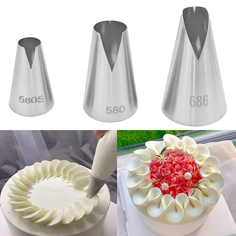 Three pieces of stainless steel V-shaped pastry tips for flawlessly decorated cupcakes and cookies - Santa Anna icing nozzle tips for frosting and puff pastry making - Must-have baking essentials and kitchen accessories.