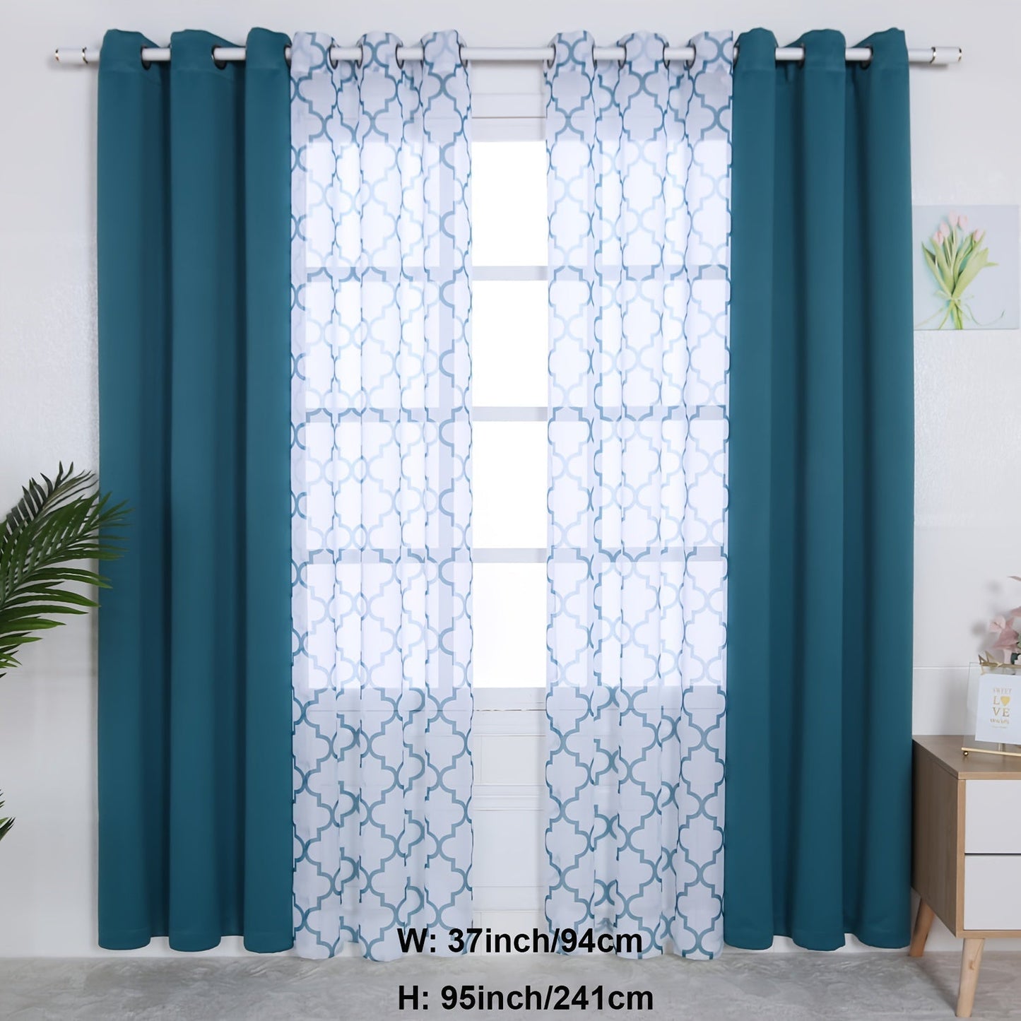 Blackout Curtains and Sheer Panels with Snowflake Pattern, Including Rods, Indoor Set of 4, Weighing 200 Grams in Total.