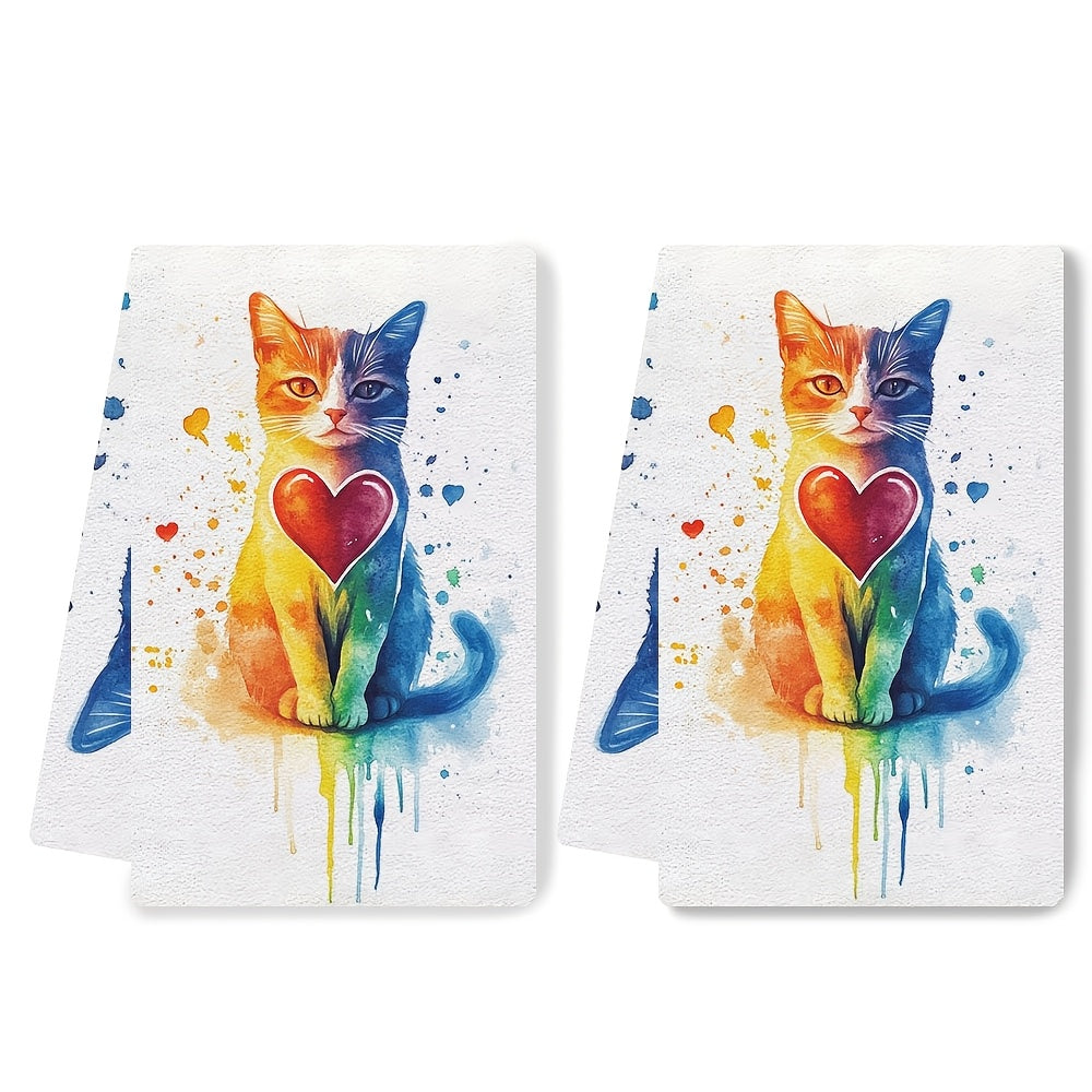 Get a pair of ultra-soft kitchen towels adorned with a charming cat design and rainbow mini hearts, great for celebrating Valentine's Day. These highly absorbent dish towels are easy to clean in the washing machine and are 40.64X60.96 cm in size, making