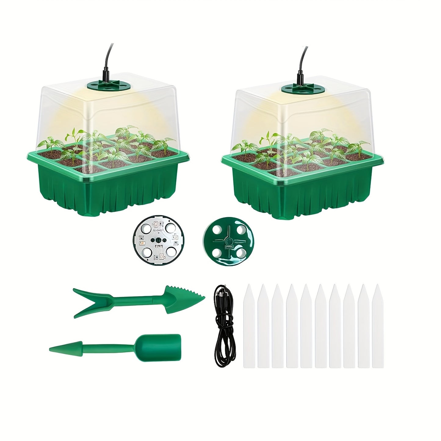 Seed starter trays with grow lights are available in packs of 1, 2, 4, or 5 and include humidity domes and bases for indoor greenhouse seed growth, with each tray containing 12 cells.