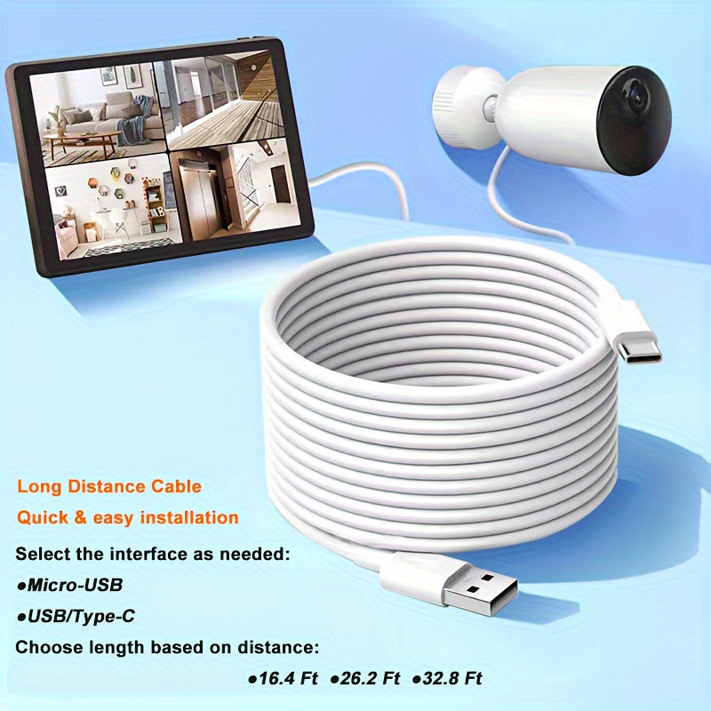 5-10m Security Camera Power Cable, White, Ideal for Outdoor Surveillance, No Battery Needed