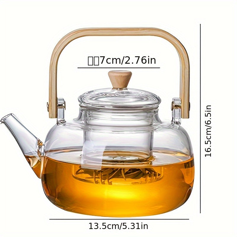 Glass teapot with bamboo handle and removable infuser, 34oz capacity. Made of heat-resistant clear borosilicate glass. Ideal for brewing loose leaf tea.