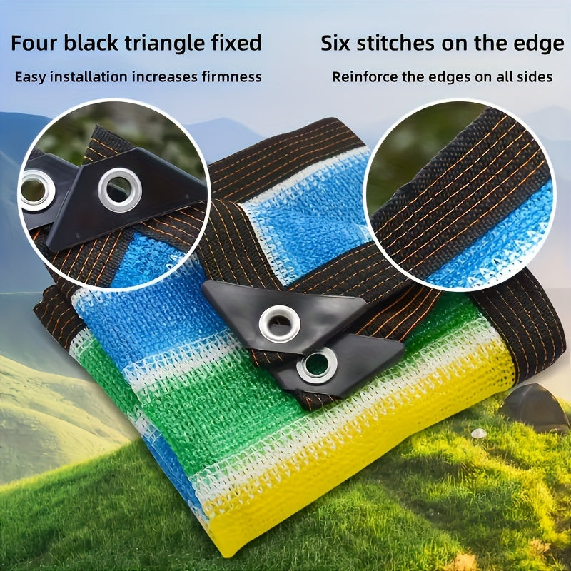 Breathable UV protected sun shade mesh with reinforced edges and grommets for outdoor use.