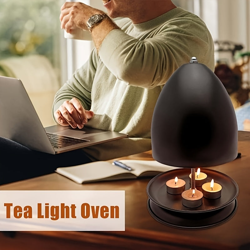 Black Unique Iron Portable Indoor-Outdoor Heater - Hand Warmer Tea Light Candle Heater - Double-Walled Tea Light Oven - Metal Tea Light Heater for 4-6 People - Candle Heating Kit for Home, Dining Room, Living Room