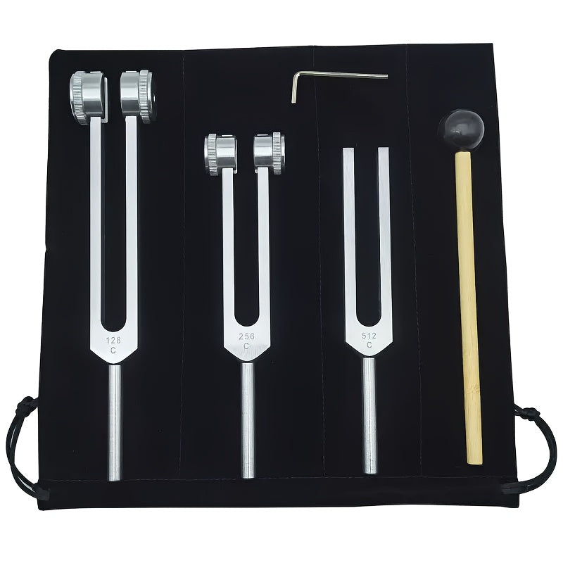 Aluminum alloy Chakra Healing Tuning Fork Set 128Hz, 256Hz, 512Hz for therapy, hearing care, and sound healing. Includes mallet.