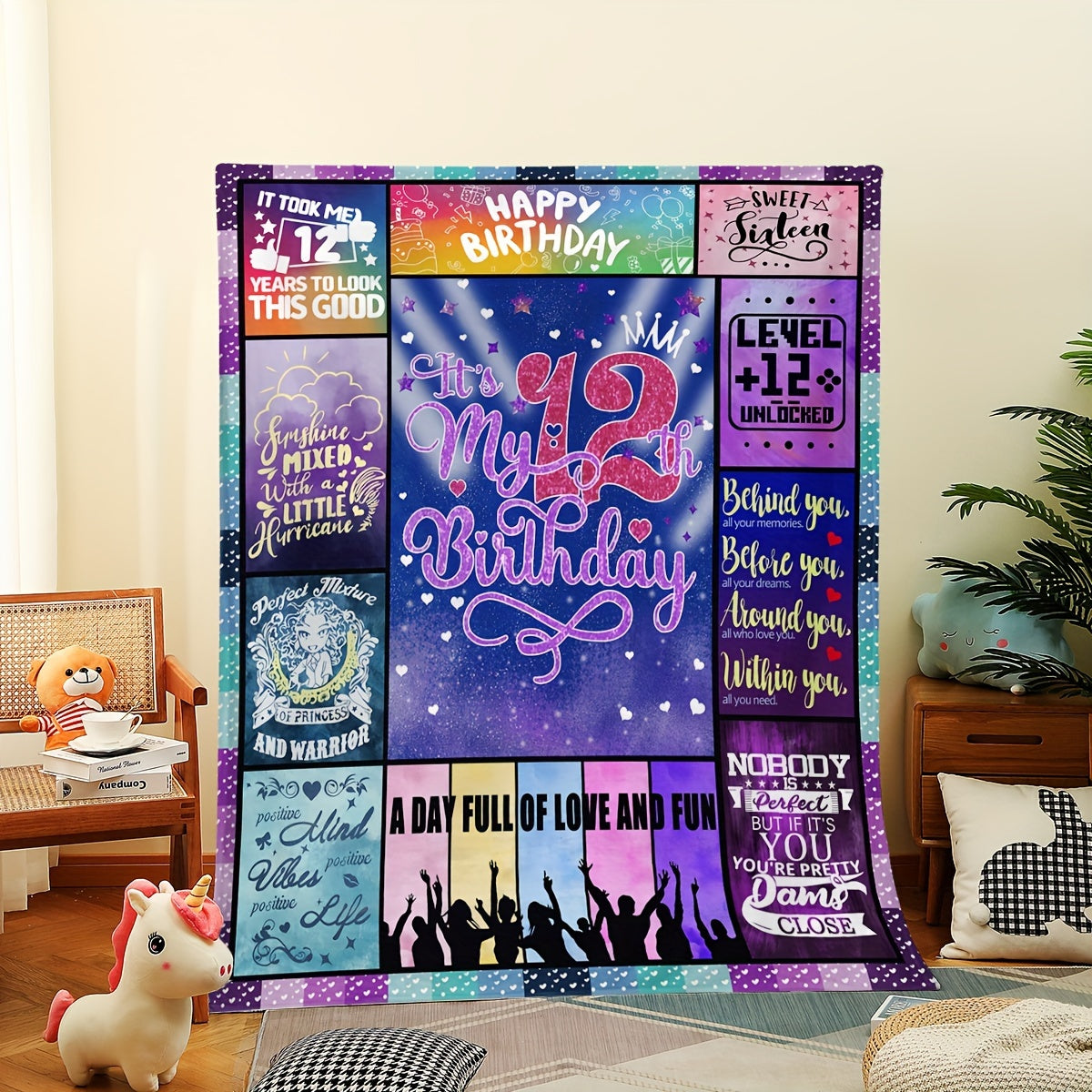 Celebrate Your 12th Birthday in Style with a Vibrant Blanket - This Soft, Cozy Polyester Throw Features Fun Birthday Messages & Patterns - Easy to Clean in the Washing Machine, Perfect for Year-Round Use on the Sofa or Bed - The Ideal Gift for Girls