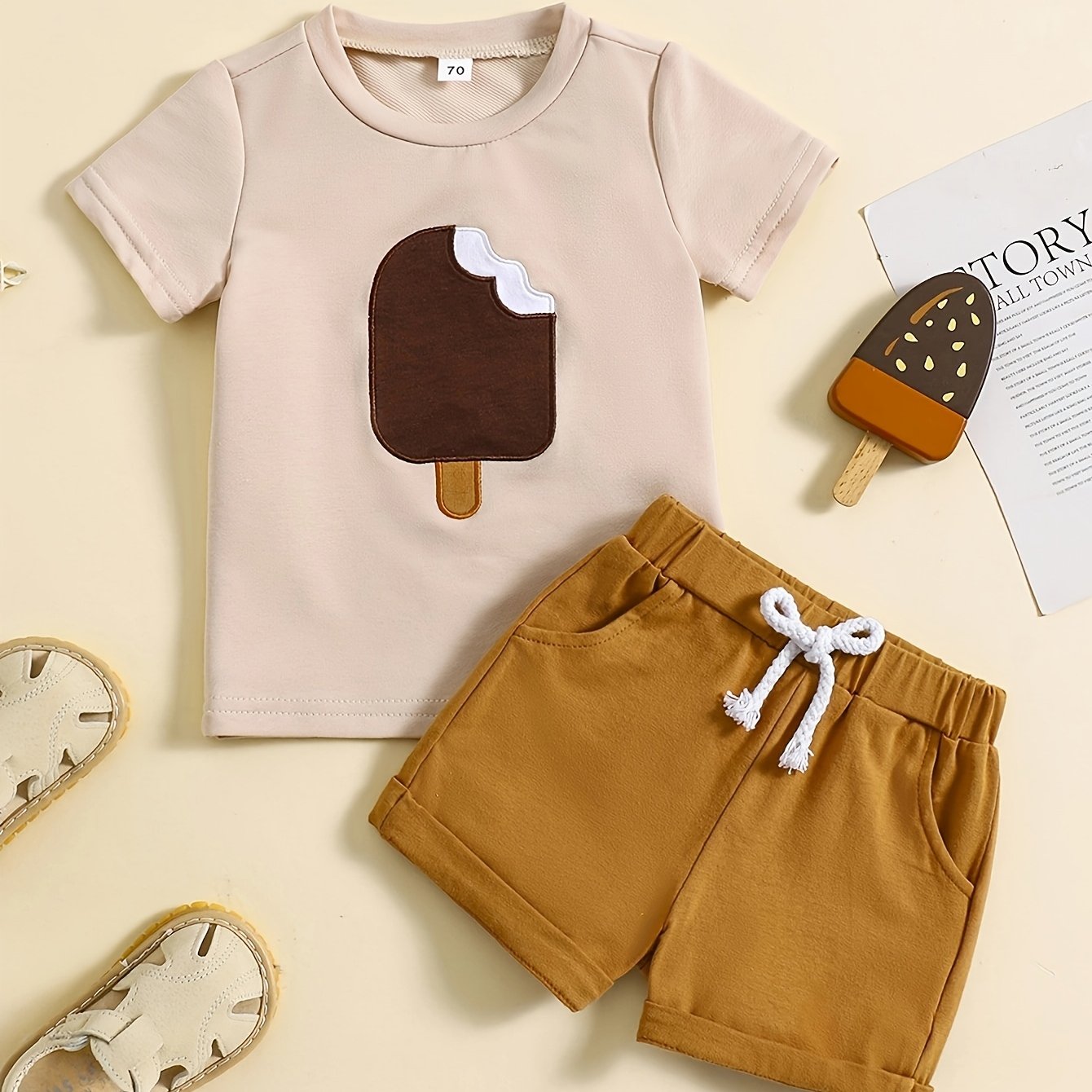 2-piece ice cream print T-shirt and shorts set for boys and babies aged 0-2 years.