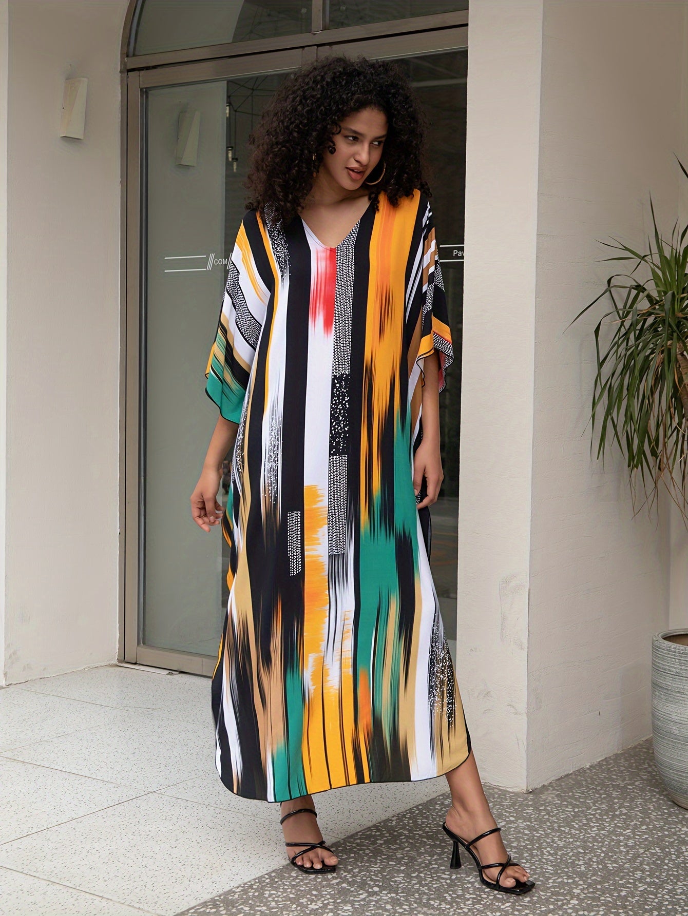 Plus Size Colorful Striped Boho Cover Up Dress