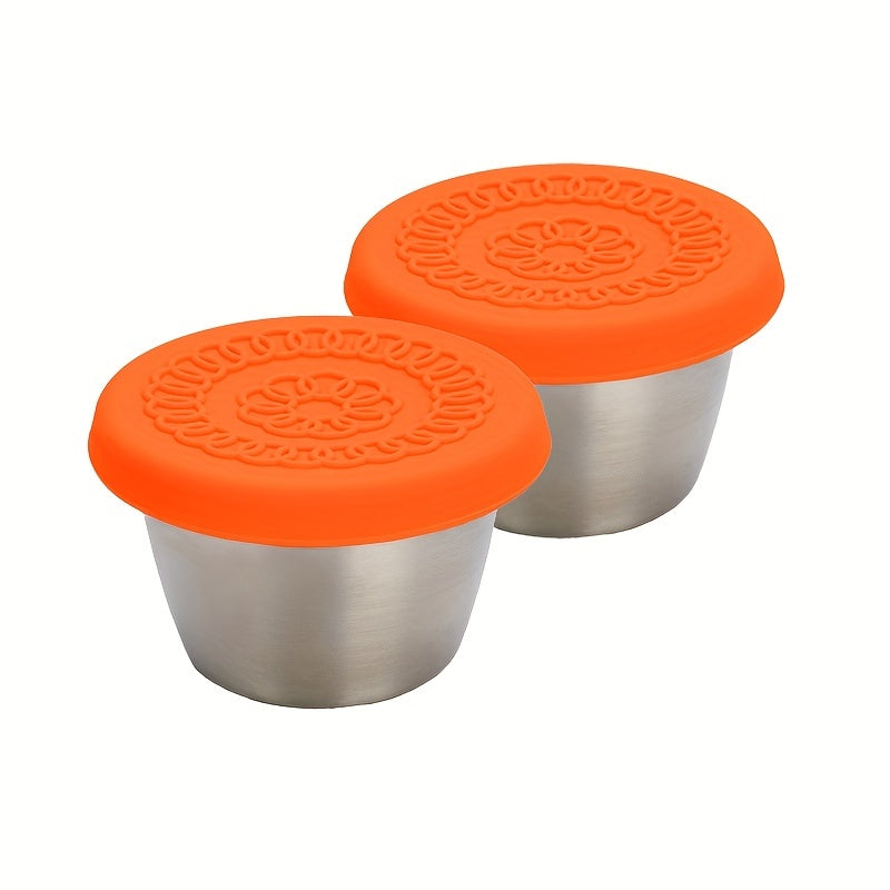 Stainless steel salad sauce containers with leakproof lids, ideal for lunch, dipping sauces, and picnics.