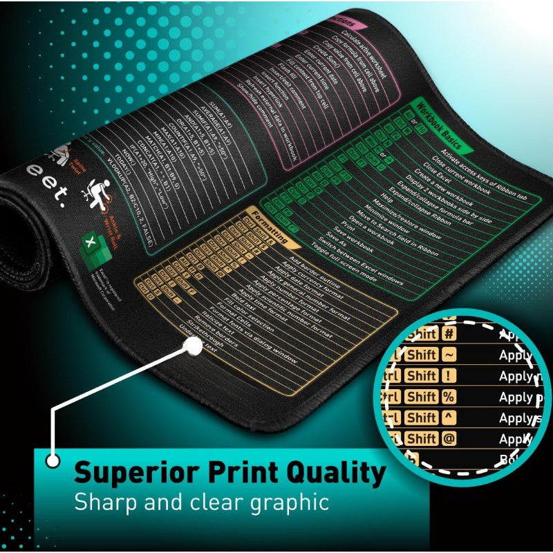 XL Mouse Pad with Excel Shortcut Keys - Non-Slip Stitched Edges