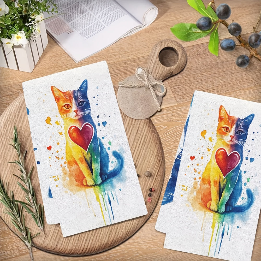 Get a pair of ultra-soft kitchen towels adorned with a charming cat design and rainbow mini hearts, great for celebrating Valentine's Day. These highly absorbent dish towels are easy to clean in the washing machine and are 40.64X60.96 cm in size, making