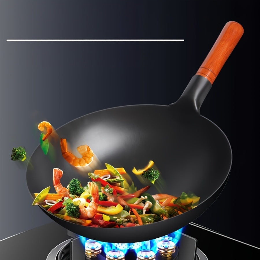 One Piece of Traditional Chinese Cast Iron Wok with Uncoated Non-Stick Surface, Wooden Handle, Hand Wash Only, for Use on Gas Stoves