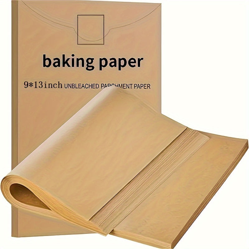 50 pre-cut unbleached parchment paper baking sheets, 22.86x33.02 cm, for various cooking methods including baking, grilling, air frying, steaming, and deep frying.