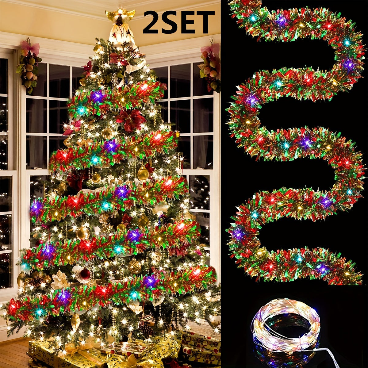 LED tinsel garland with lights, metallic shiny plastic Christmas tree decoration. Battery operated (2 AA not included). Thick hanging decor for Xmas party indoor. Sold as a 2-pack.