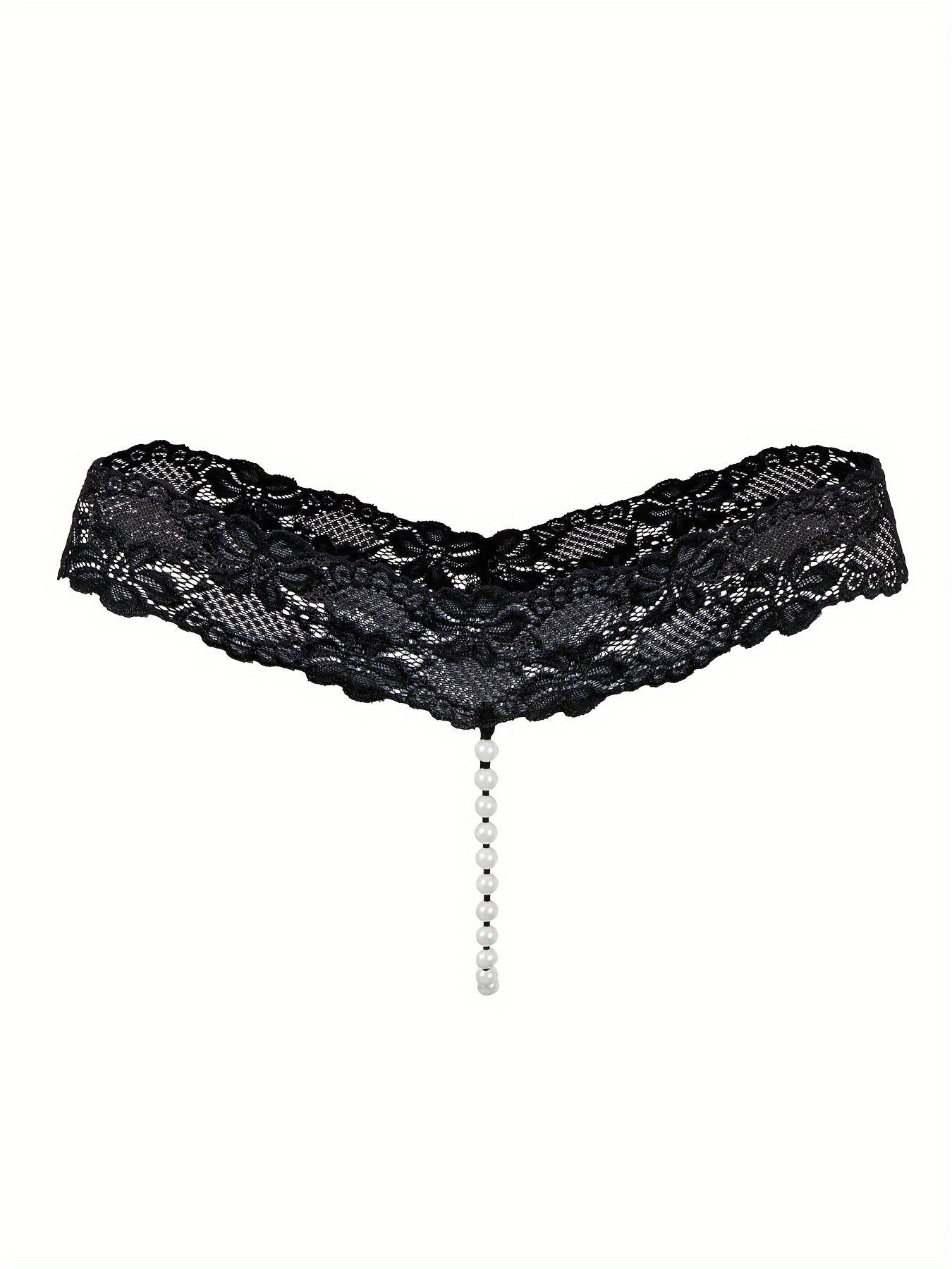 4 Lace Thongs, Low Waist Open Crotch G-String With Pearl Pendant, Sexy Women's Lingerie & Underwear