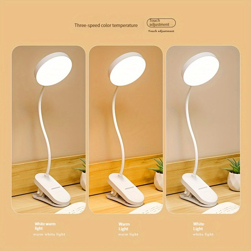 Adjustable brightness clip-on LED desk lamp with soft eye protection, touch control and USB charging. Ideal for reading and studying in dorms, bedrooms, and home offices.