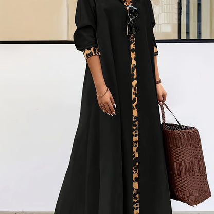 Chic plus size maxi dress with leopard print trim. Long sleeve button-up collar, black & tan animal print, 100% polyester, machine washable. Ideal for spring and fall. Cute dress.