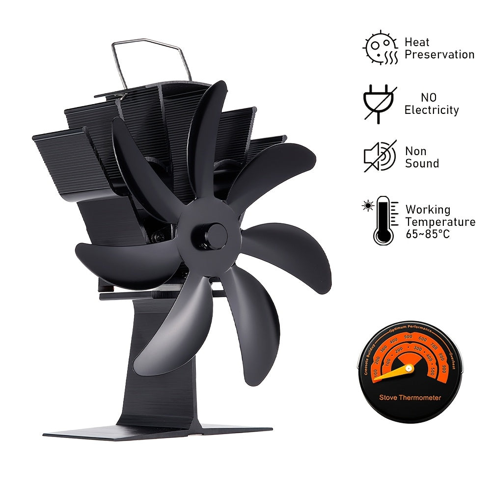 Get the new 2024 Black 7-Blade Metal Stove Fan for your home heater or outdoor camping stove. This portable exhaust air circulation fan does not require electricity and comes with multiple components for easy use.