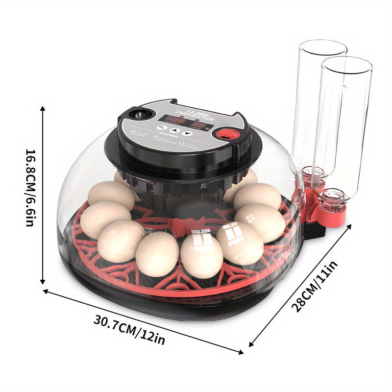 12-яичная автоматическая инкубатор с переворотом яиц, контролем влажности и европейской стандартной вилкой для домашнего птицеводства. Подходит для различных яиц, включая куриные, утинные, голубиные, перепелиные.