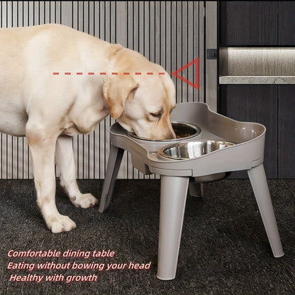 Neck-friendly elevated pet feeder with two stainless steel bowls, detachable design for easy cleaning, ideal for dogs and cats.