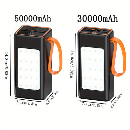 50000mah/30000mah power bank with LED display and built-in camping lights, ideal for iPhone, Android, and electronics. Perfect outdoor emergency backup battery pack.