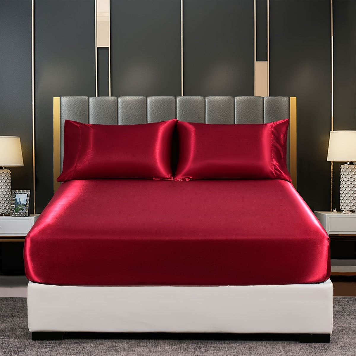 Satin Solid Color Fitted Sheet, Luxuriously Soft Bedding for Bedroom and Guest Room, Pillowcase Not Included